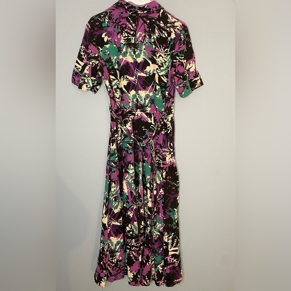 Vintage JG Hook Linen Dress Size 10 Women’s Faux Wrap Dress Belted Black Teal - Picture 3 of 5